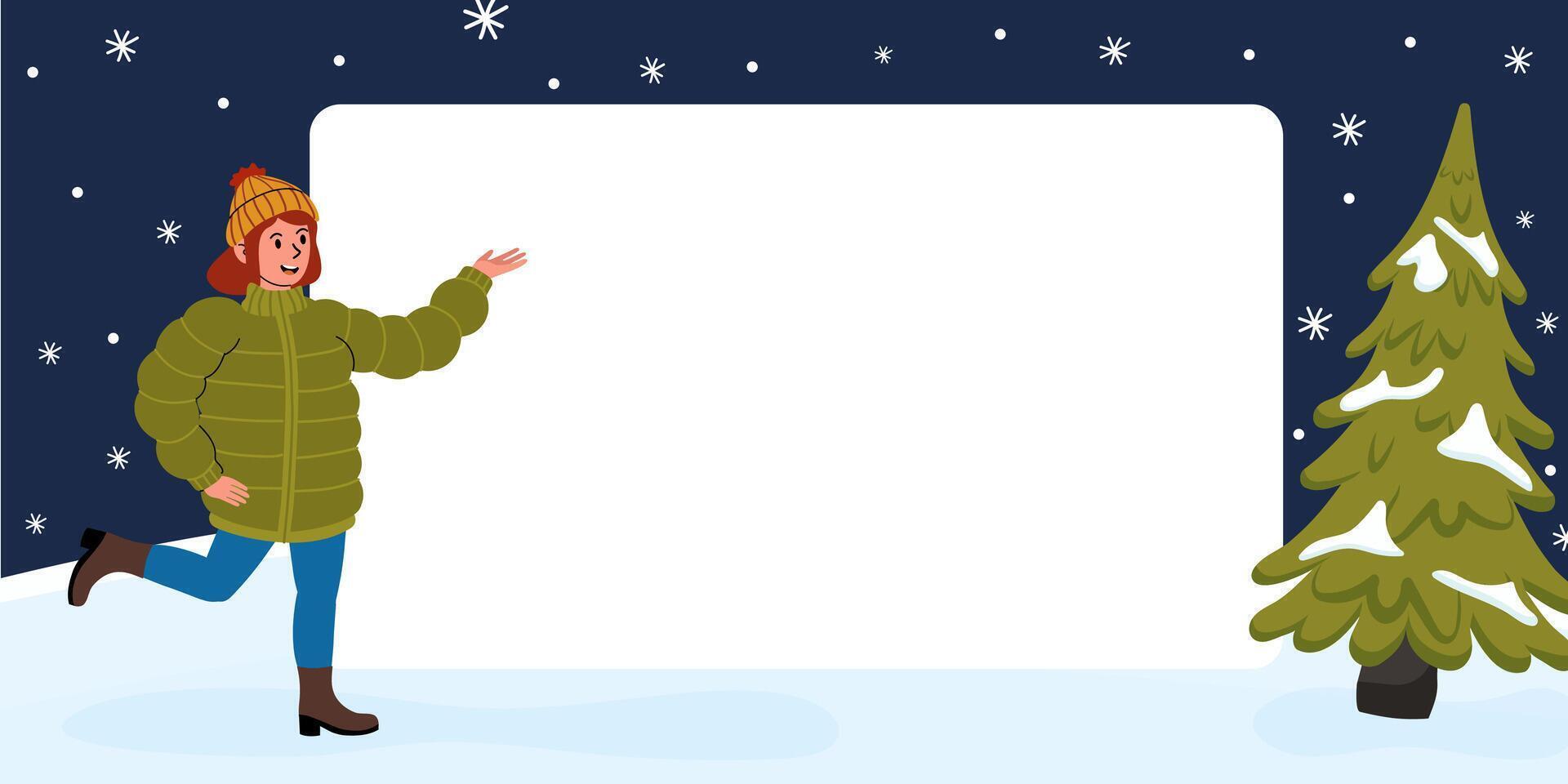 Winter celebration with cheerful person in snowy landscape next to empty signboard vector