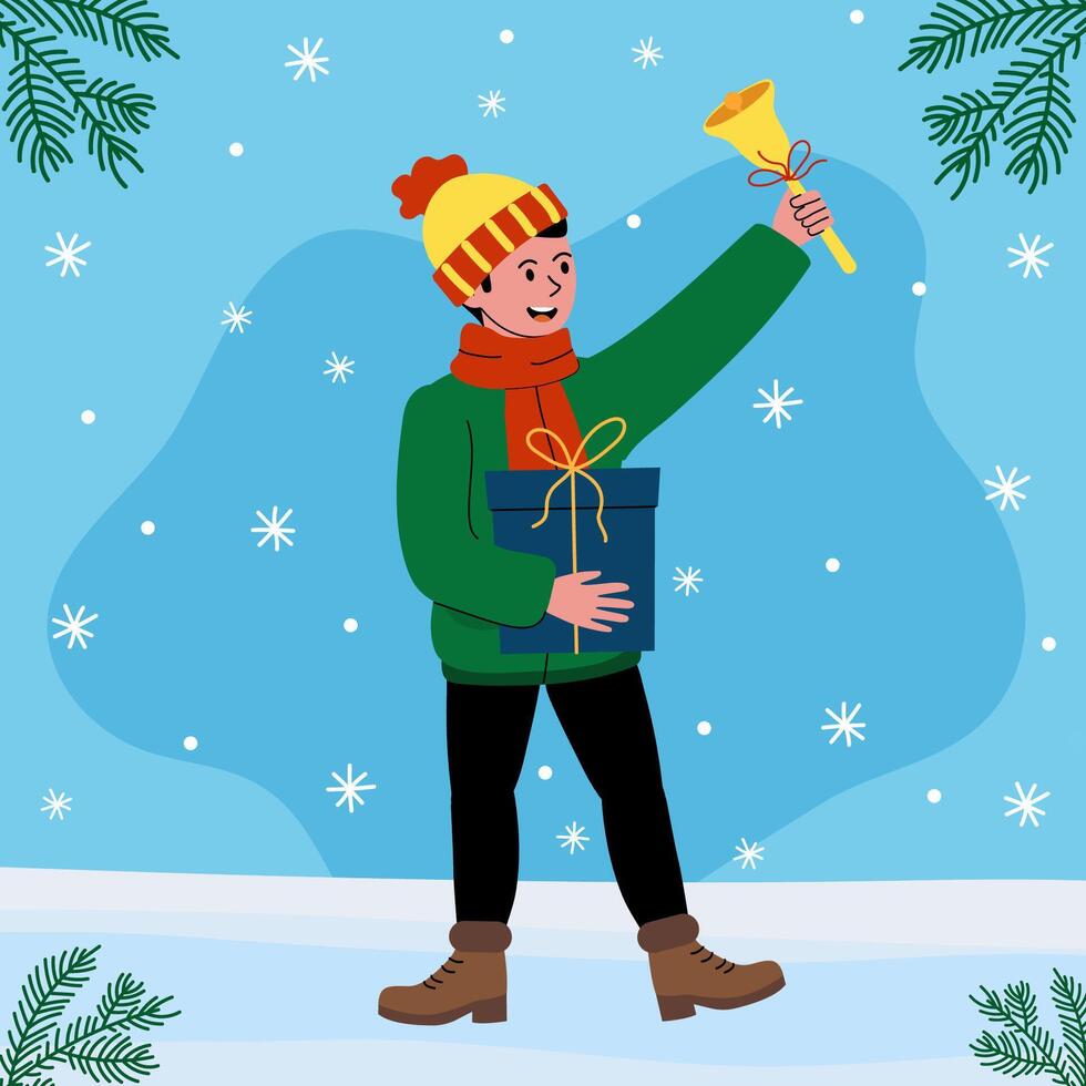 Boy with a bell and gift in winter snow scene at festive celebration vector