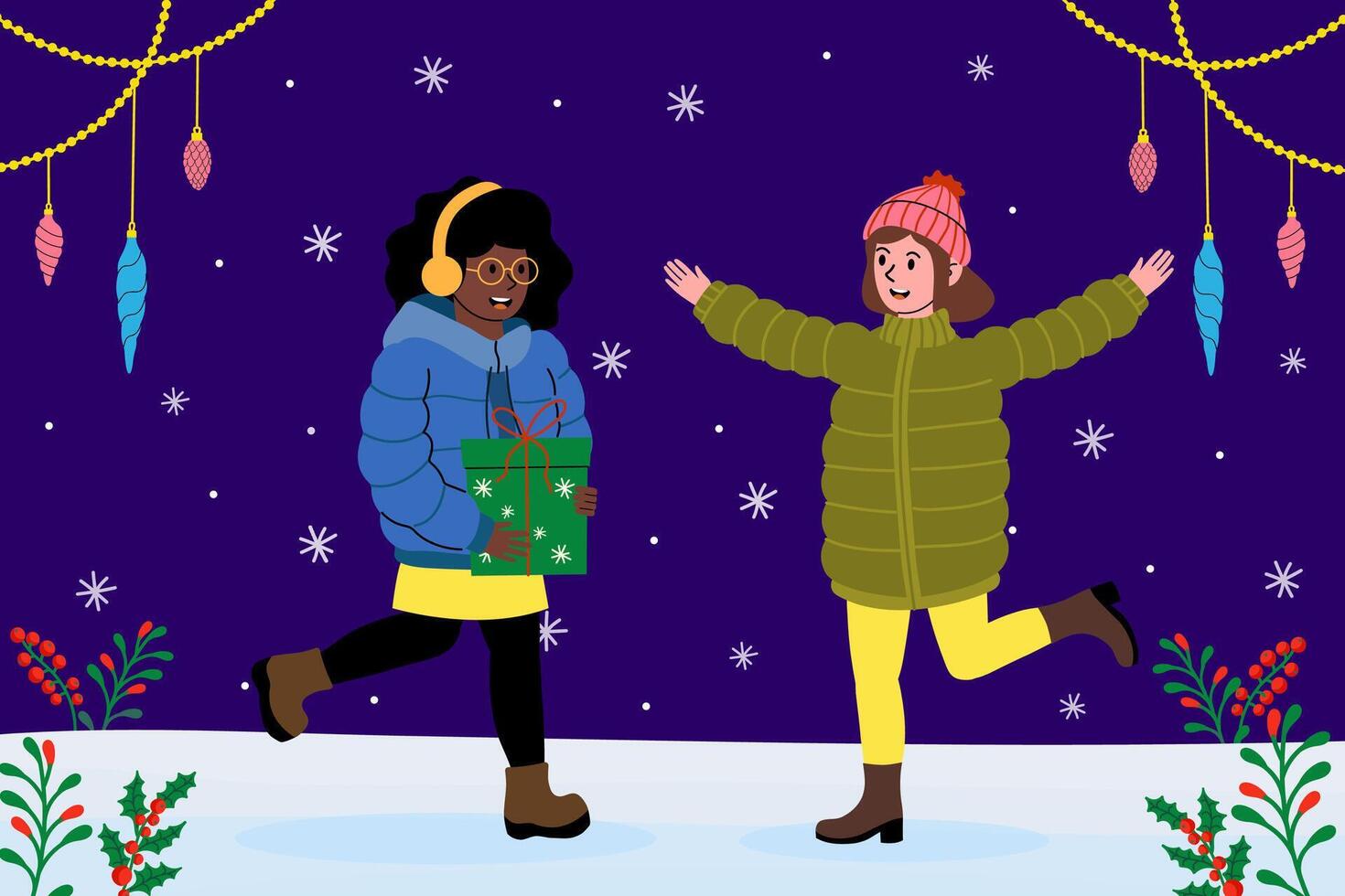 Friends enjoying a festive winter celebration with gifts and decorations in a snowy landscape vector