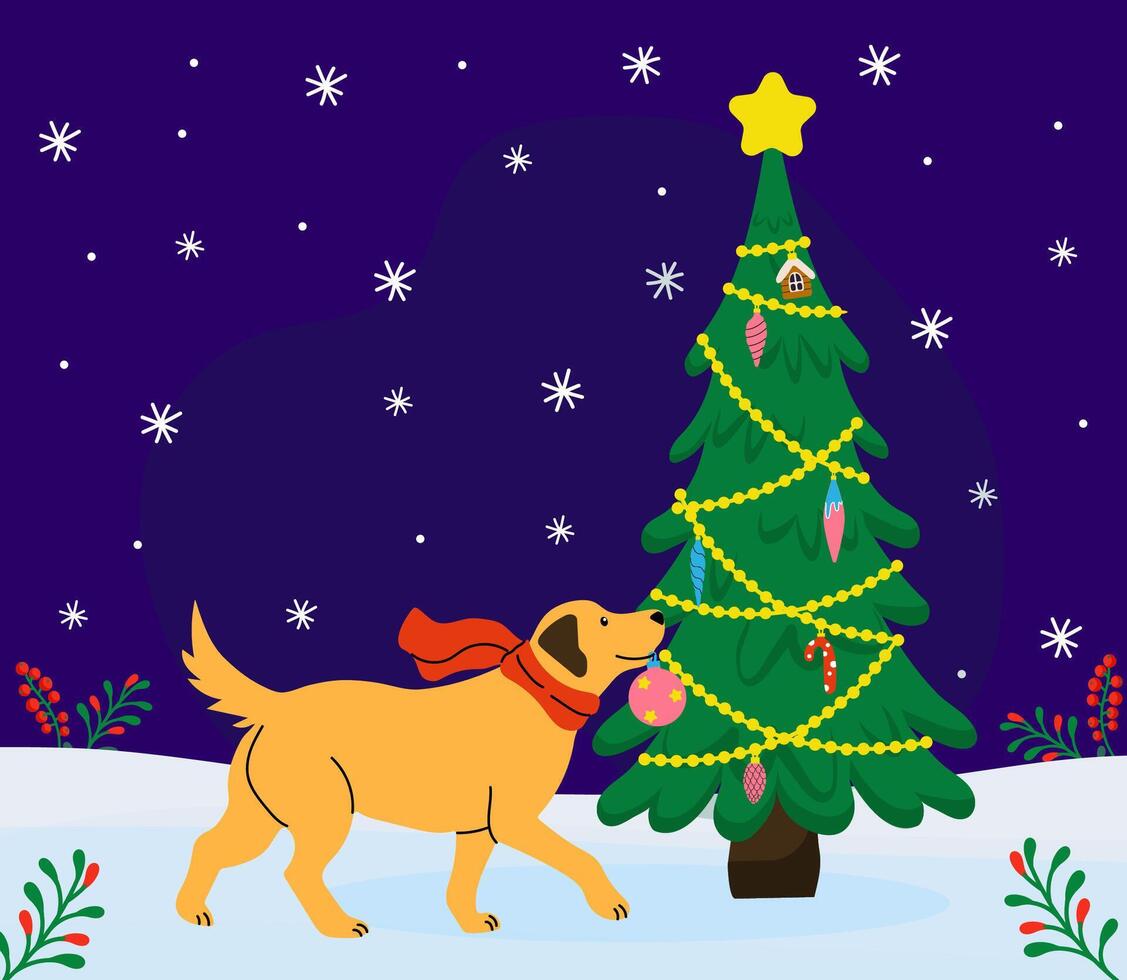 Golden retriever admires Christmas tree in snowy winter night setting vector