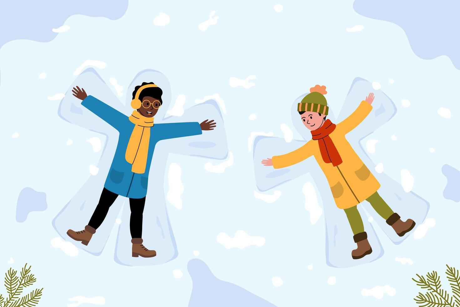 Children making snow angels during winter fun in a snowy outdoor setting vector
