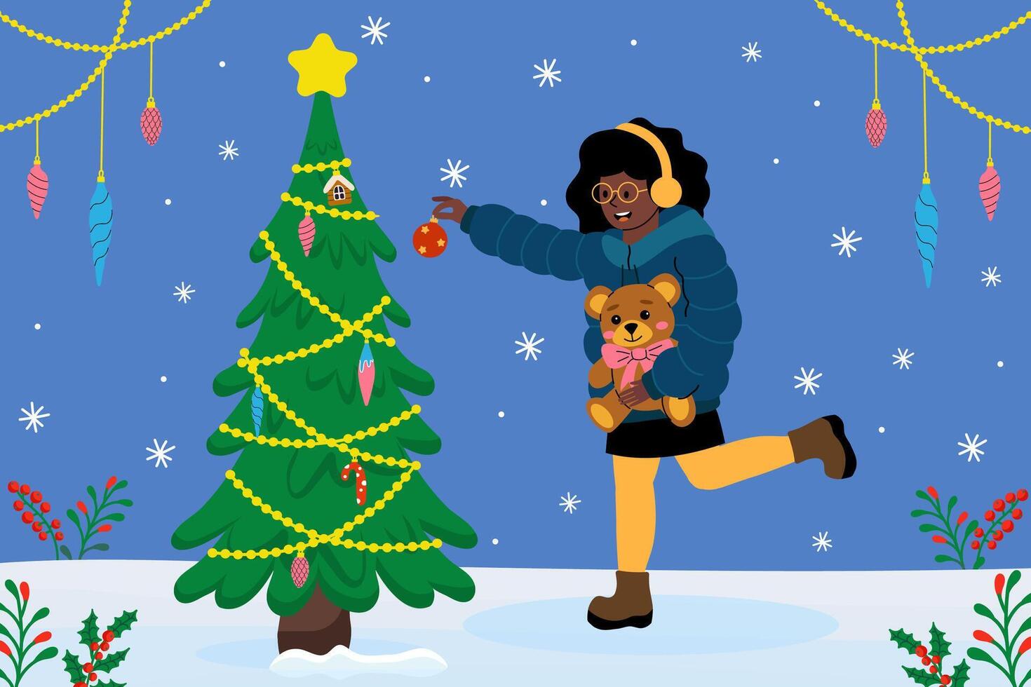 Holiday celebration with a child decorating a Christmas tree in winter vector