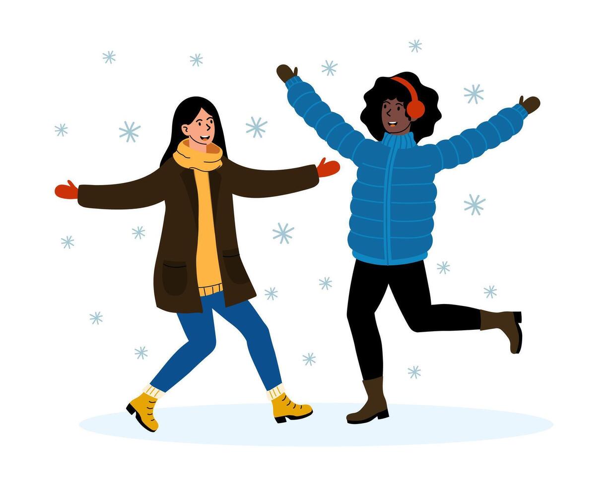 Friends enjoying a winter day outdoors while playing in the snow vector