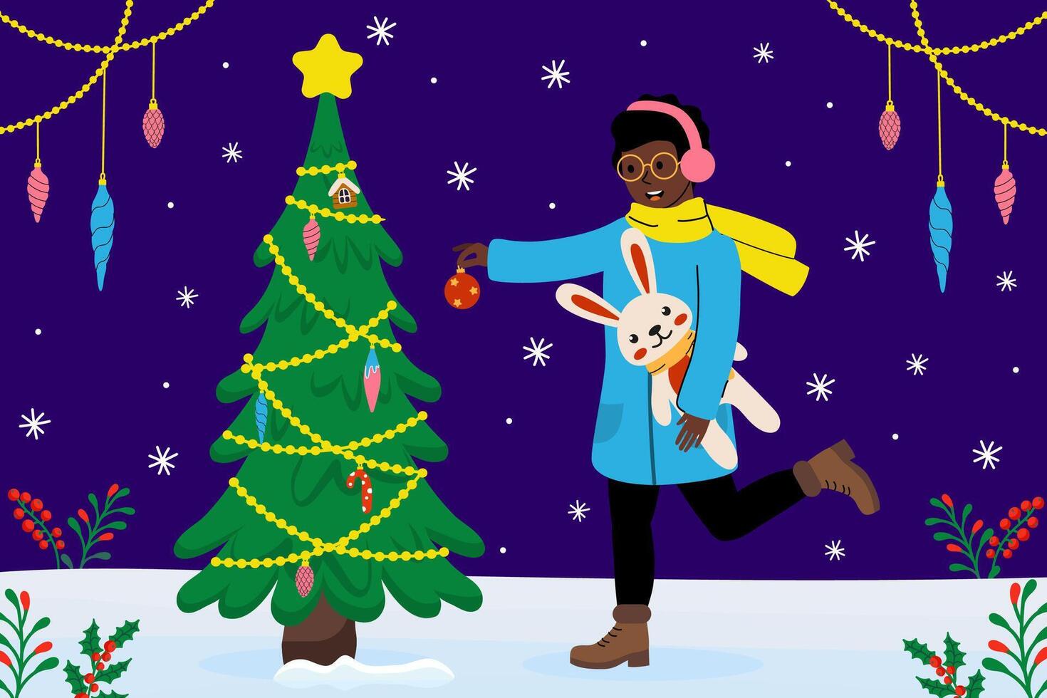 Person decorates Christmas tree while holding stuffed rabbit in winter setting vector