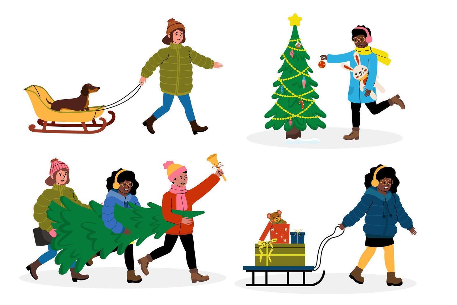 Winter festivities with friends and family enjoying holiday activities in a snowy environment vector