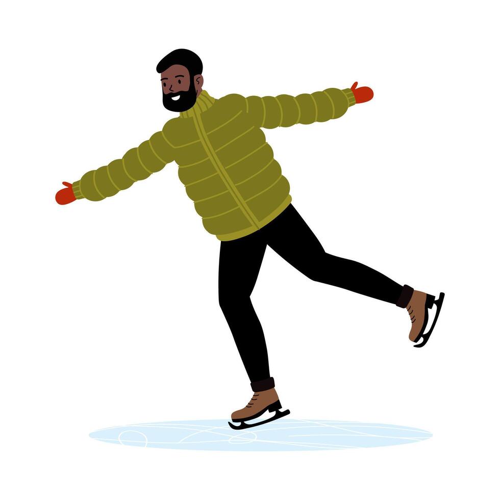 Winter ice skating activity with a man wearing a puffy jacket and skates on a rink vector