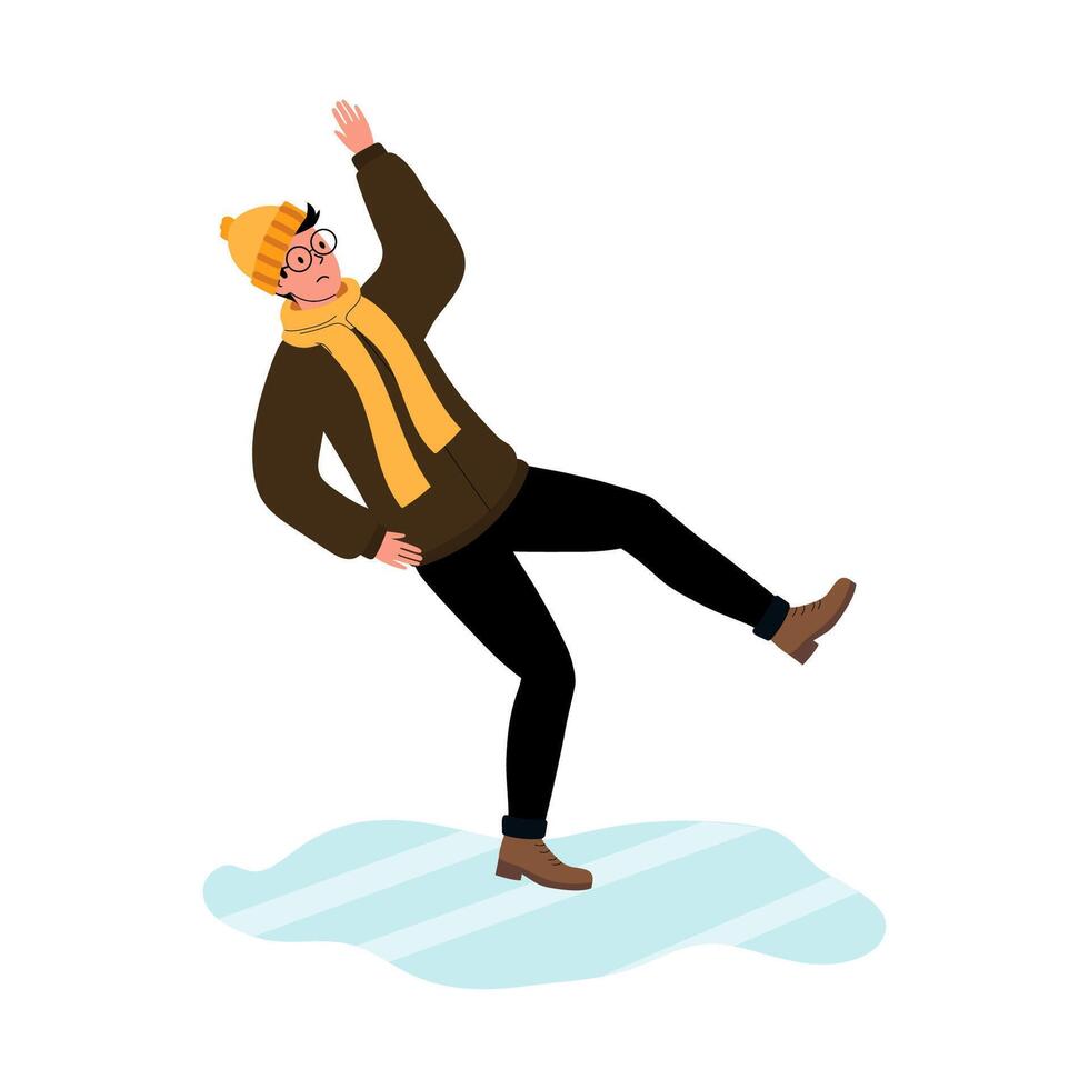 Person experiencing a slip on an icy surface while wearing winter attire in a snowy environment vector