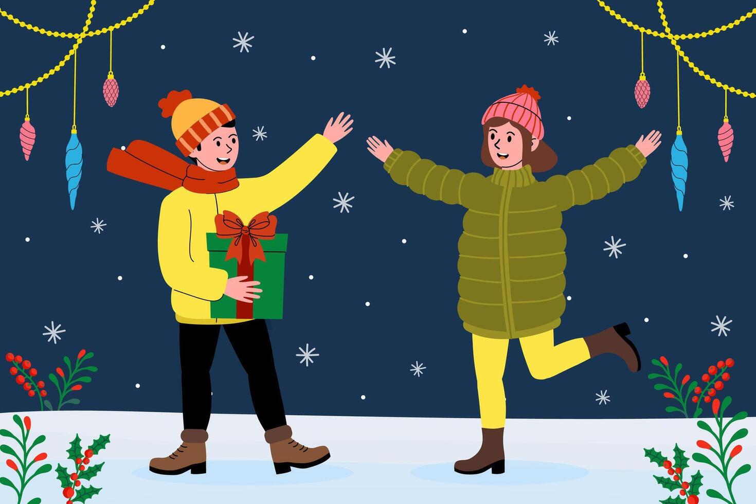 Winter celebration with friends exchanging gifts and enjoying the snowy atmosphere vector