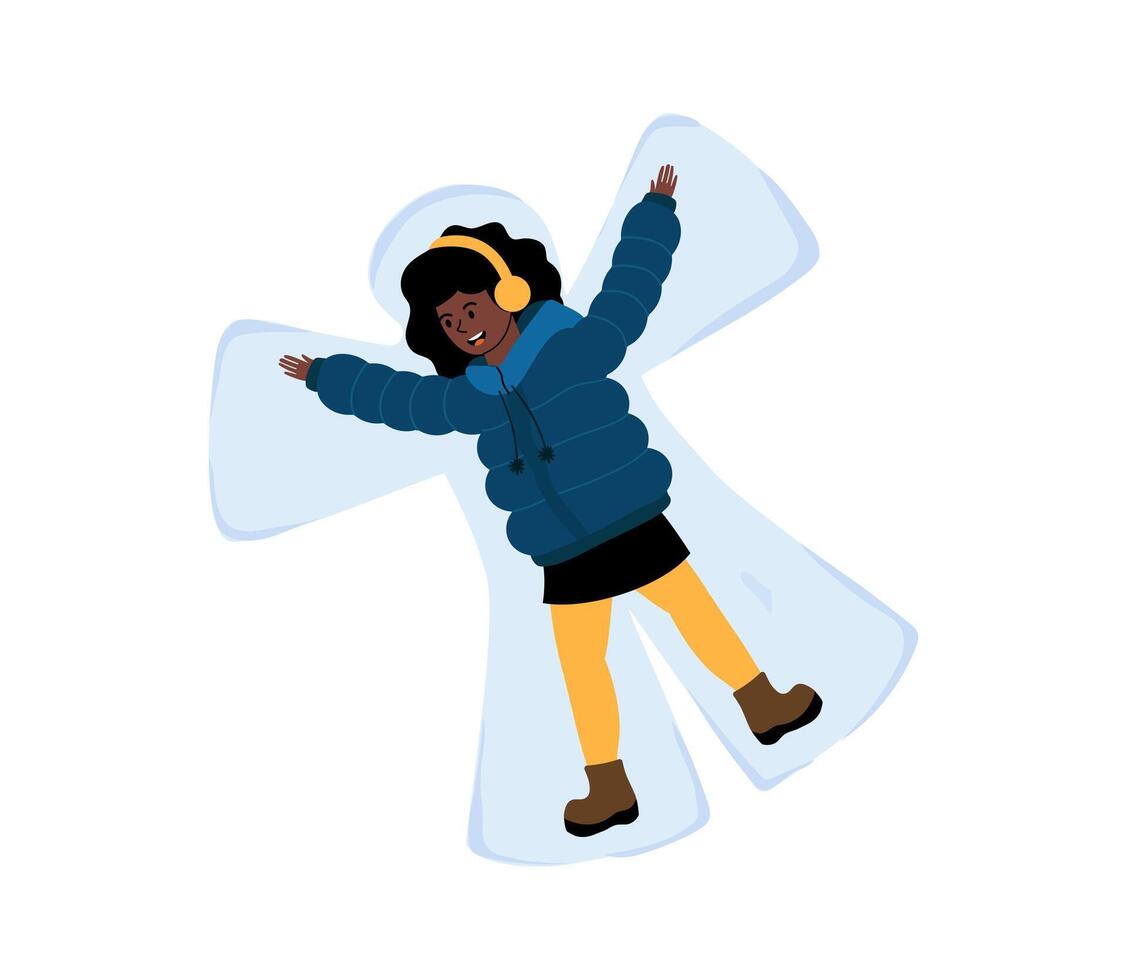 Girl making snow angel in winter clothing during snowy weather in a playful outdoor setting vector