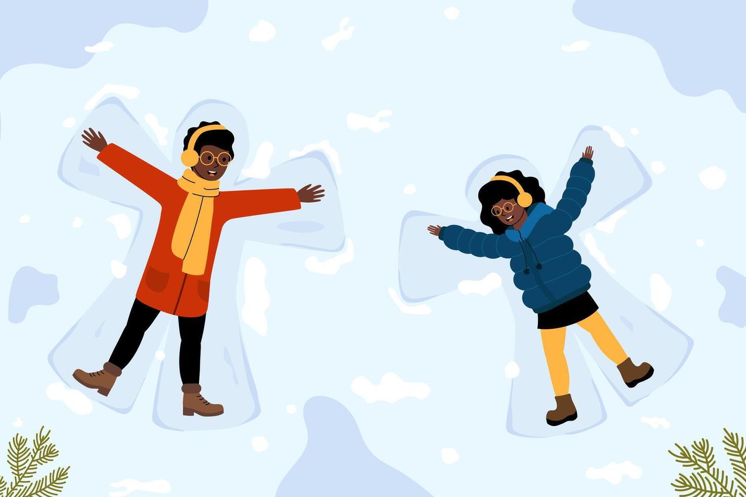 Children create snow angels in a wintry landscape while wearing colorful winter attire vector