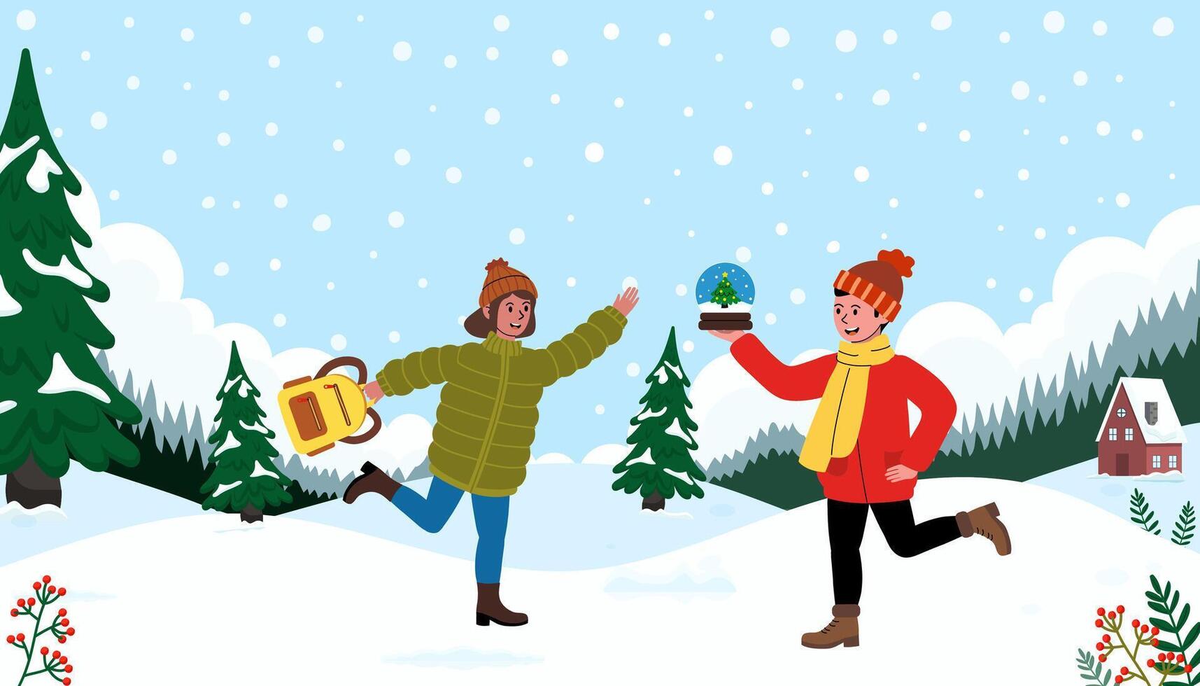 Two friends enjoy a snowy winter day while playing in the snow and sharing a snow globe vector