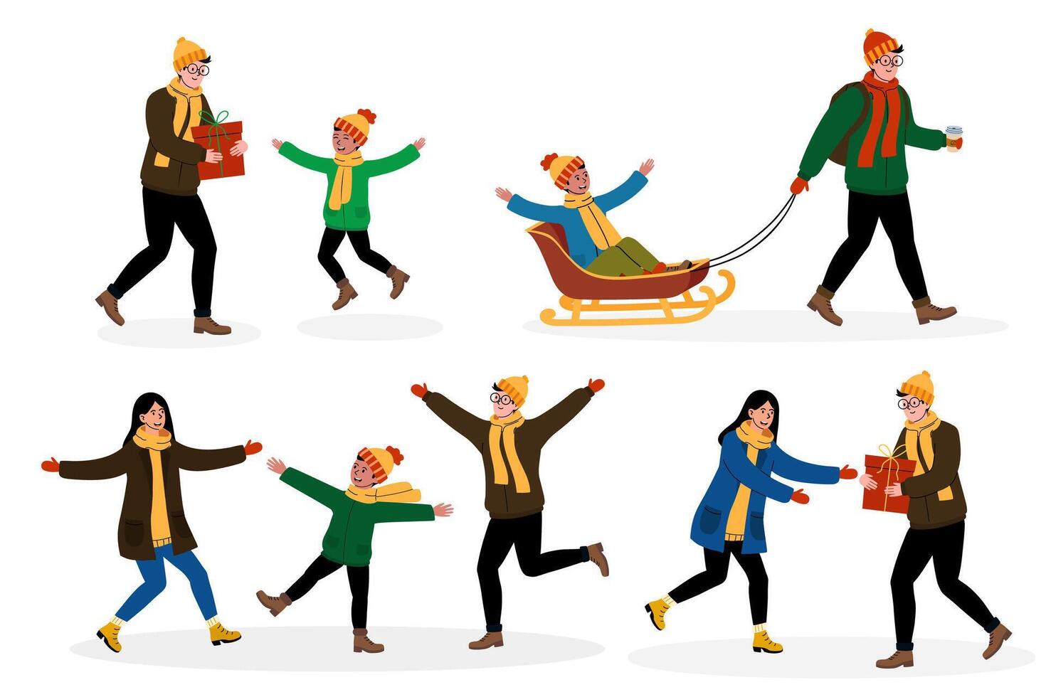 Family enjoys a winter day with sledding and festive activities in a snowy park scene vector