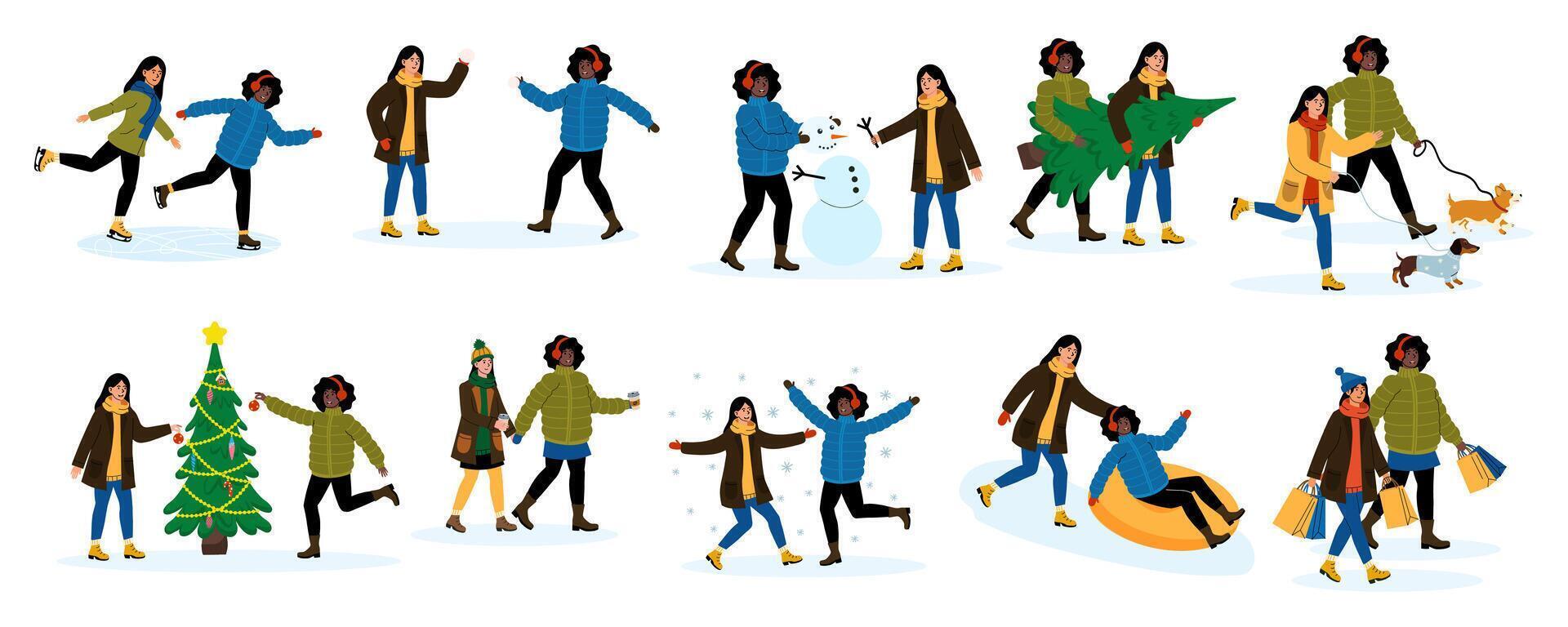 Fun winter activities with friends creating memories in a snowy landscape vector