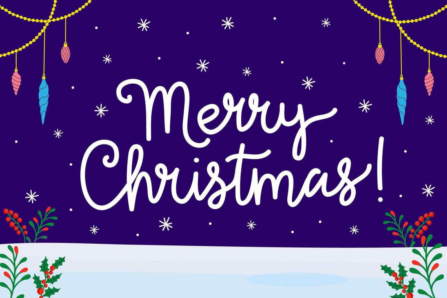 Colorful Christmas greeting card with festive decorations and snowy background vector