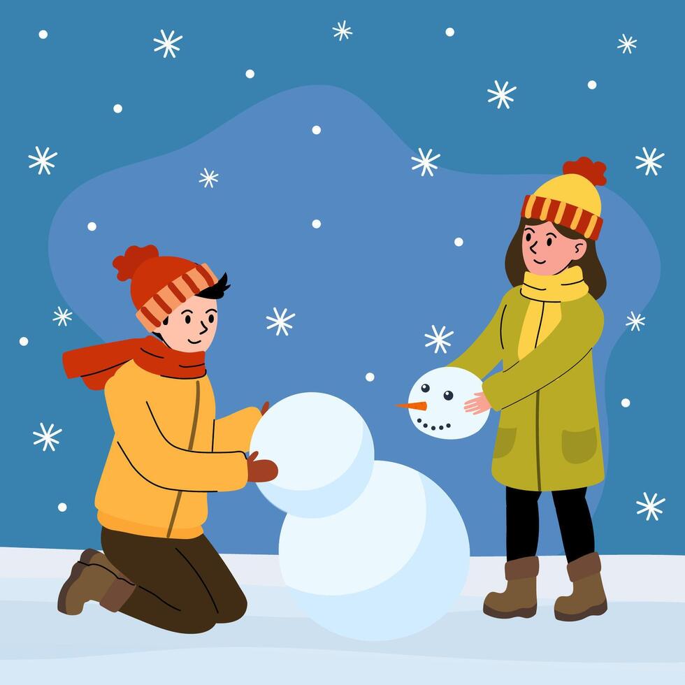 Children enjoy building a snowman during a winter day in a snowy landscape vector