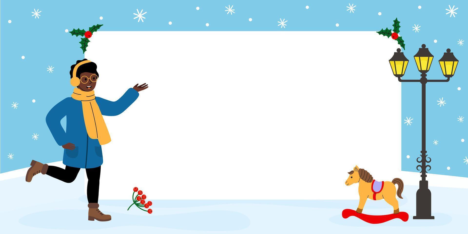 Winter holiday celebration with a cheerful figure and festive decorations in a snowy scene vector