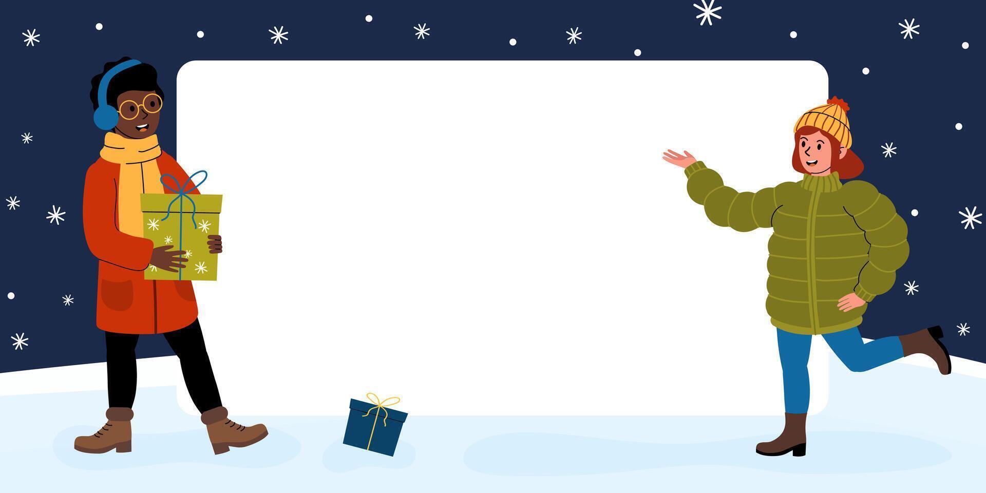 Friends celebrating winter holidays with gifts in a snowy landscape vector