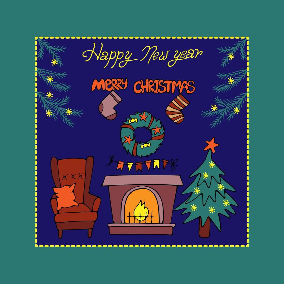 New Year's greeting card colored with a fireplace and a Christmas tree, hand-drawn in a cartoon style. vector