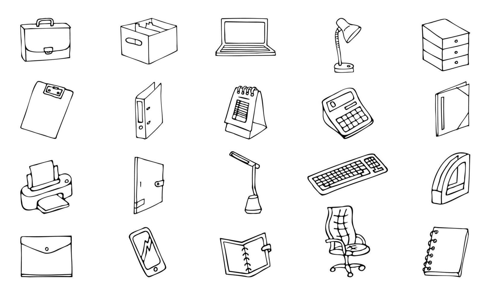 a set of outline drawings for office and school, hand-drawn in a cartoon style. vector