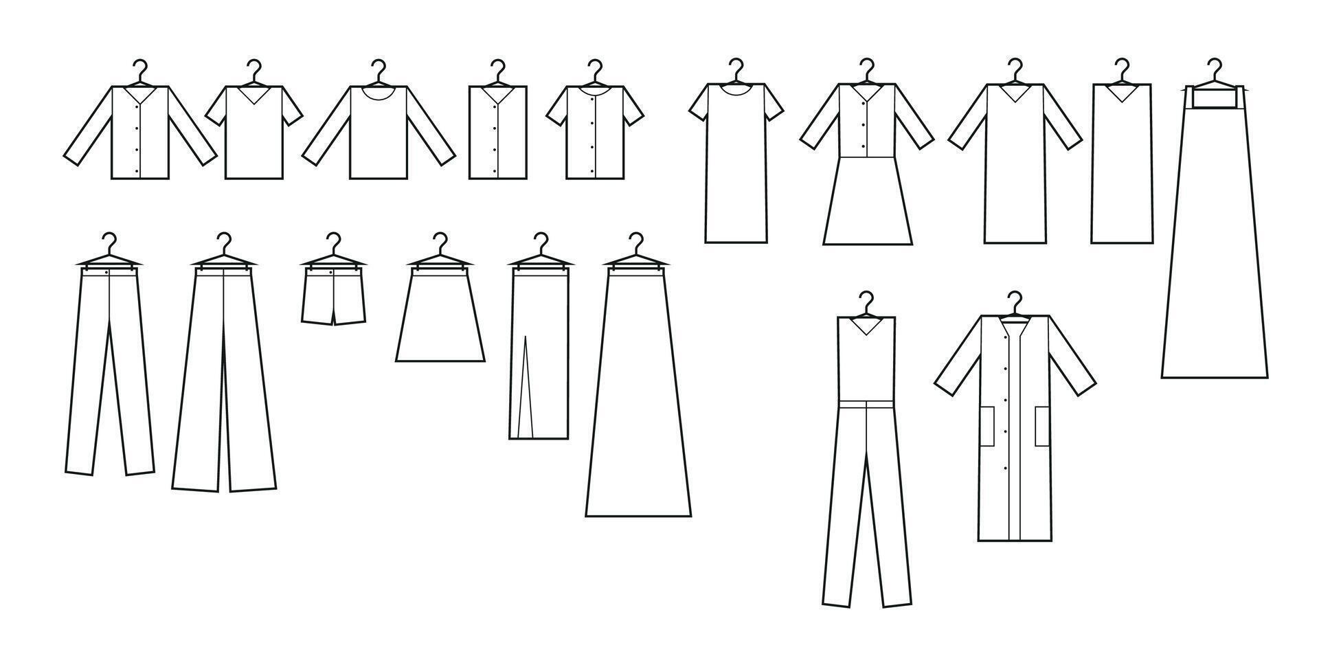 Set of clothing icons in black and white. vector