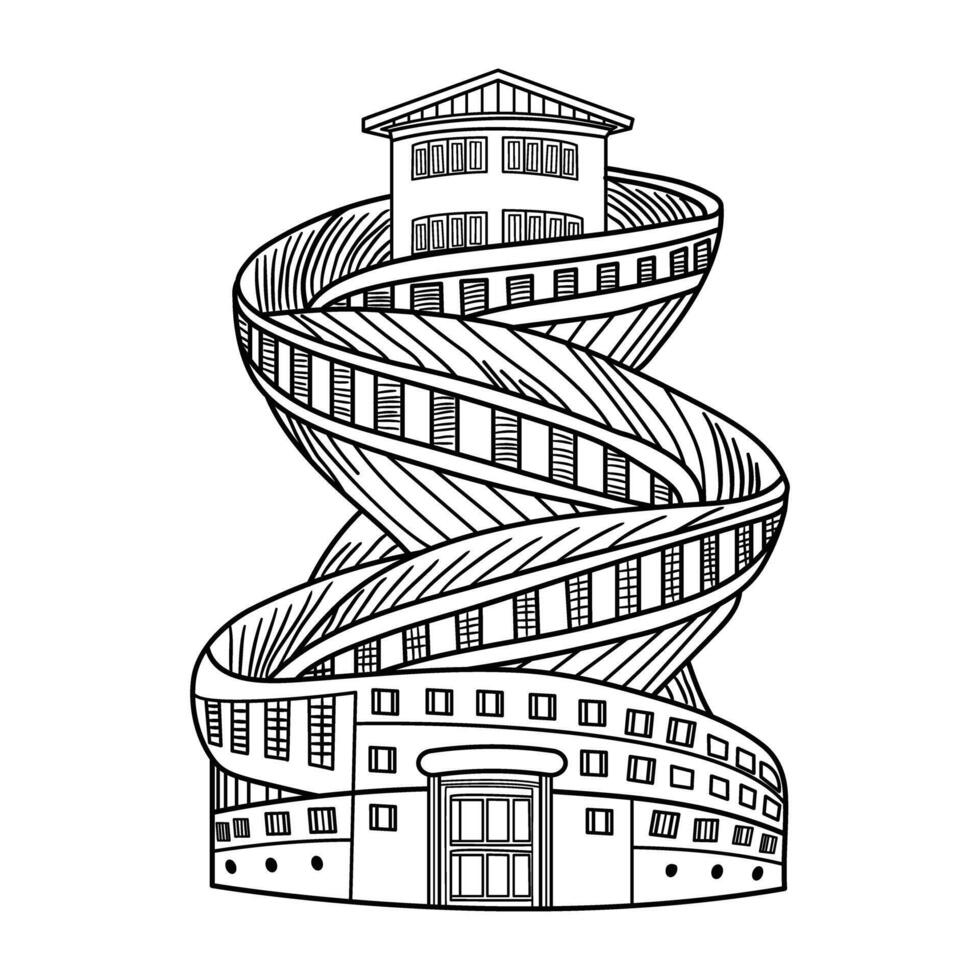A spiral building with a large window and a door vector