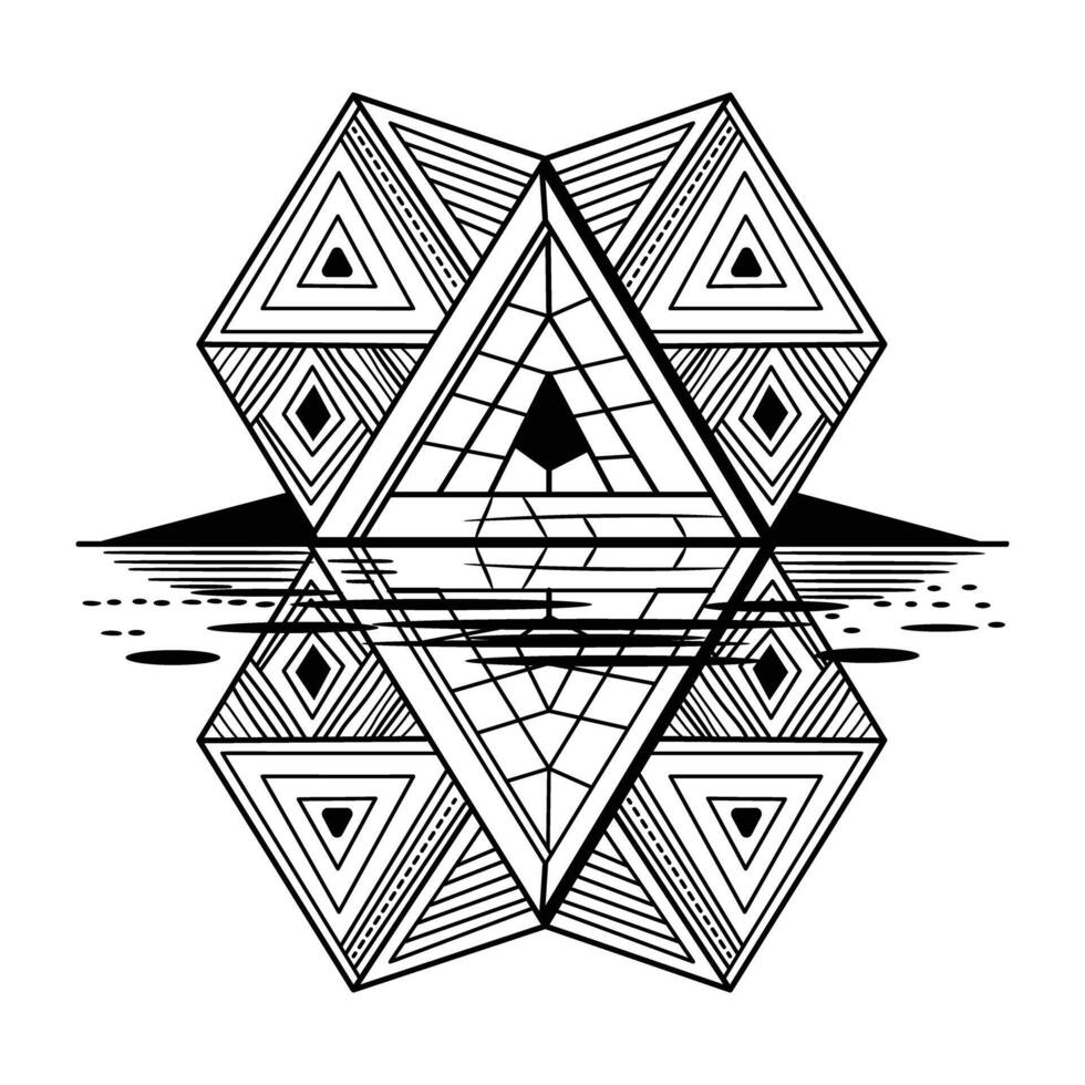 A black and white drawing of a triangle with a lake in the background vector