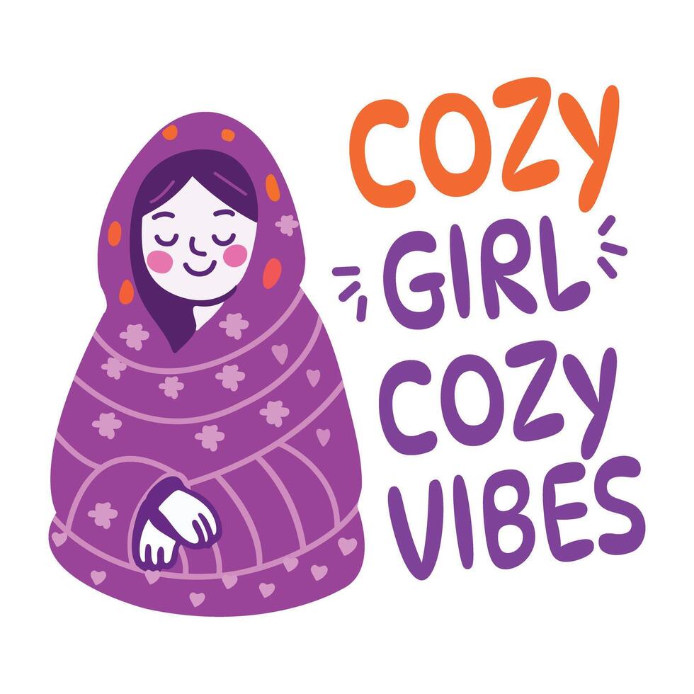 Cozy girl wrapped in blanket, flat sticker vector