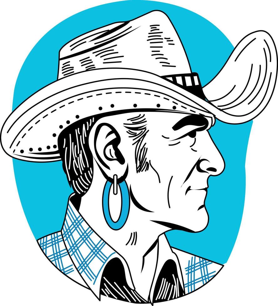 A cowboy wearing a hat and earrings vector