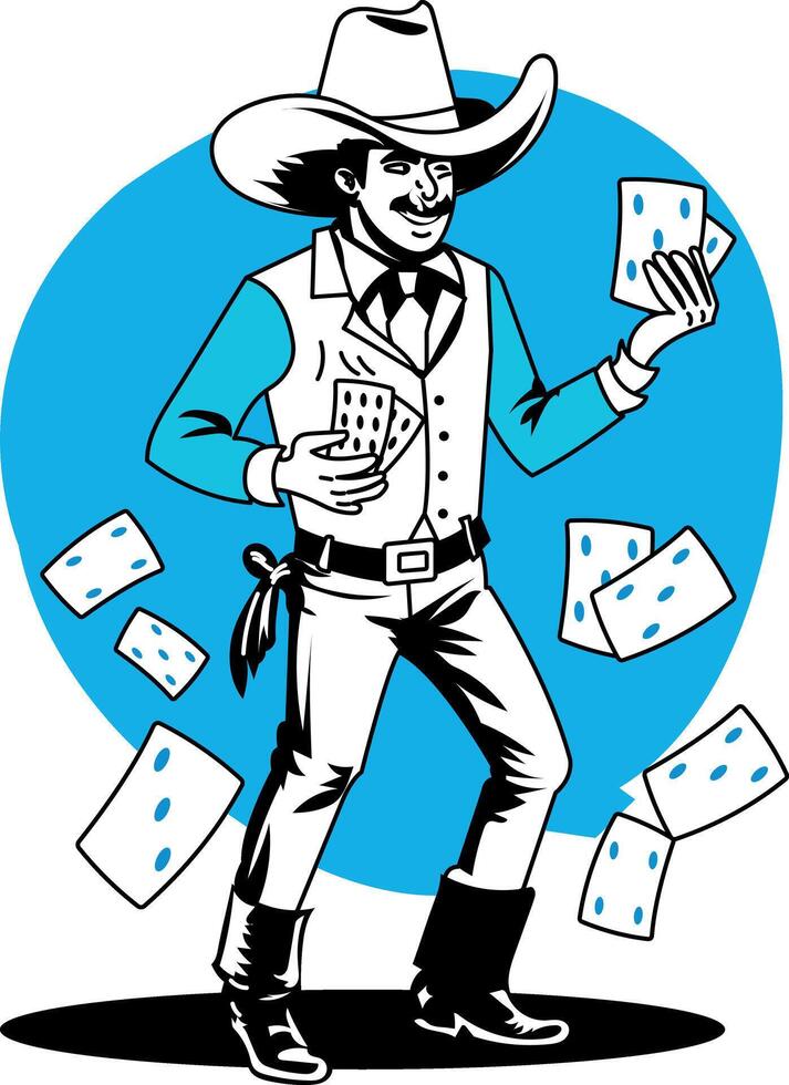 A cowboy in a hat and cowboy hat is holding cards vector