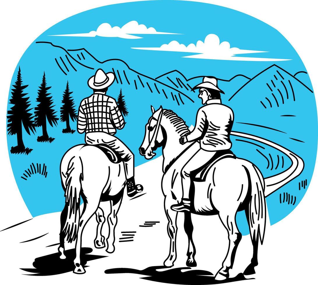 Two people riding horses on a road vector