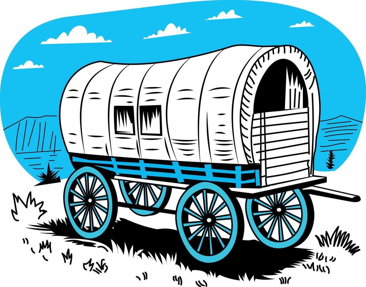 An old covered wagon with a blue sky and mountains in the background vector