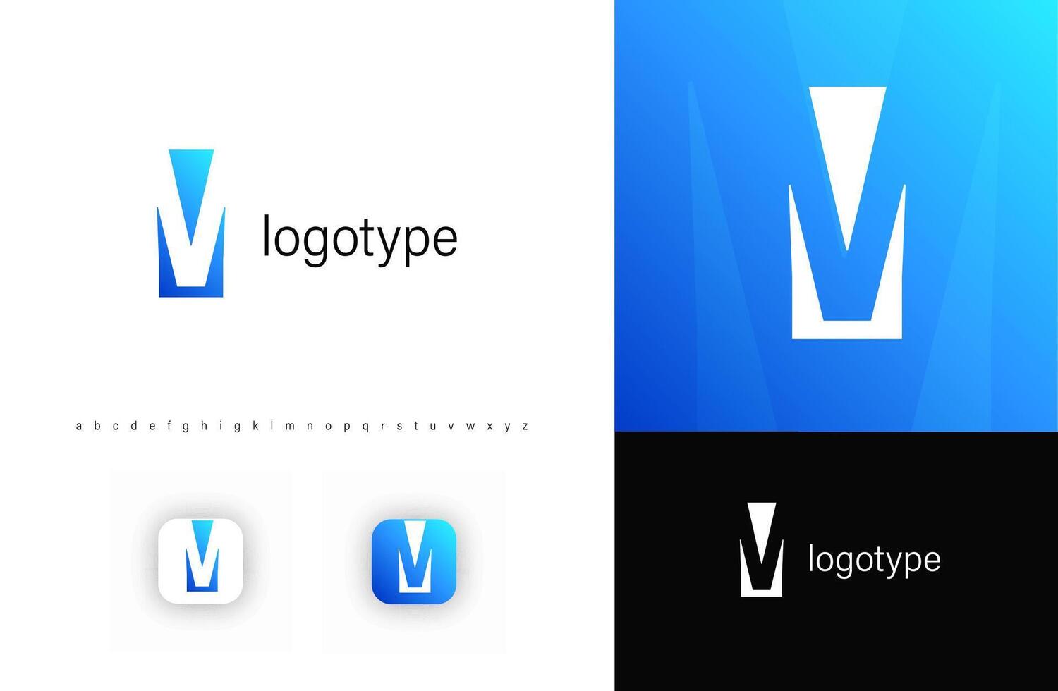 Minimalist monogram letter M logo with angular cutout style and negative space effect, logo kit template with alphabet. illustration vector