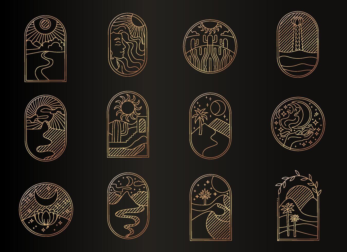 A collection of 12 golden celestial icons, perfect for adding a touch of elegance to your designs. vector