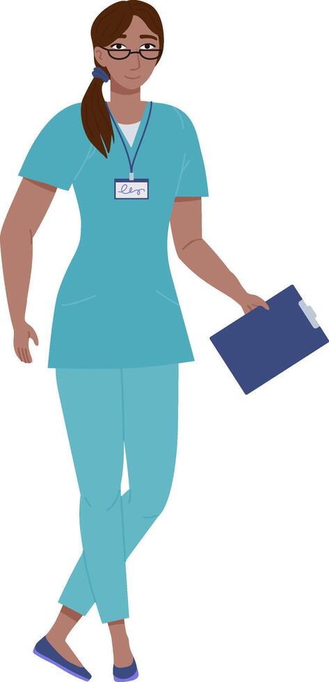 Illustration of a female healthcare worker in teal scrubs holding a clipboard, standing confidently on white background. vector