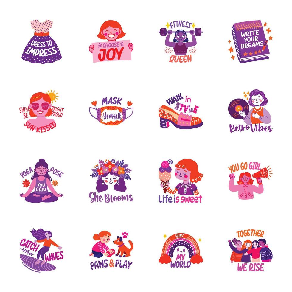 Flat Style Girl Power and Accessories Life Stickers vector