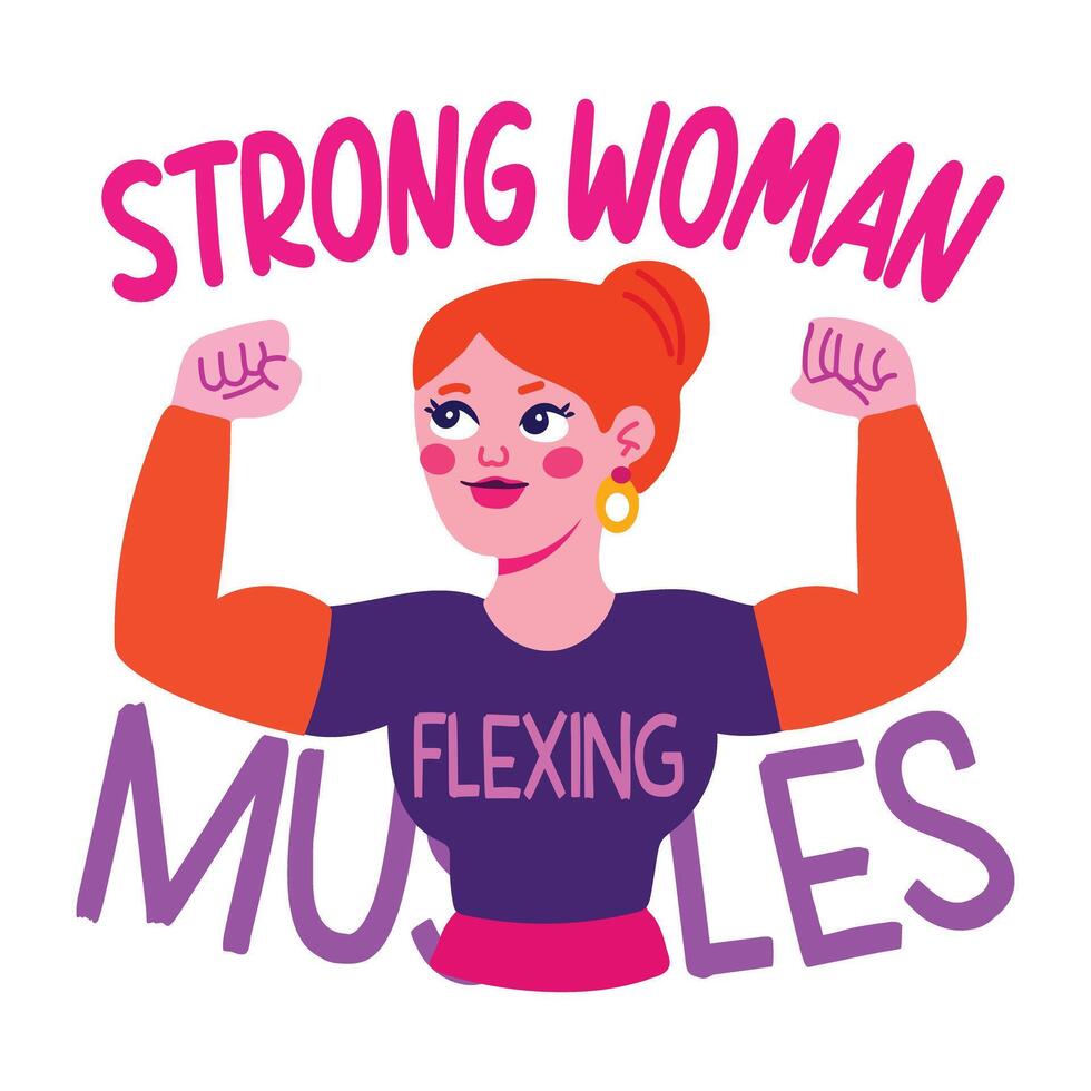 Flat sticker depicting a strong woman flexing muscles vector