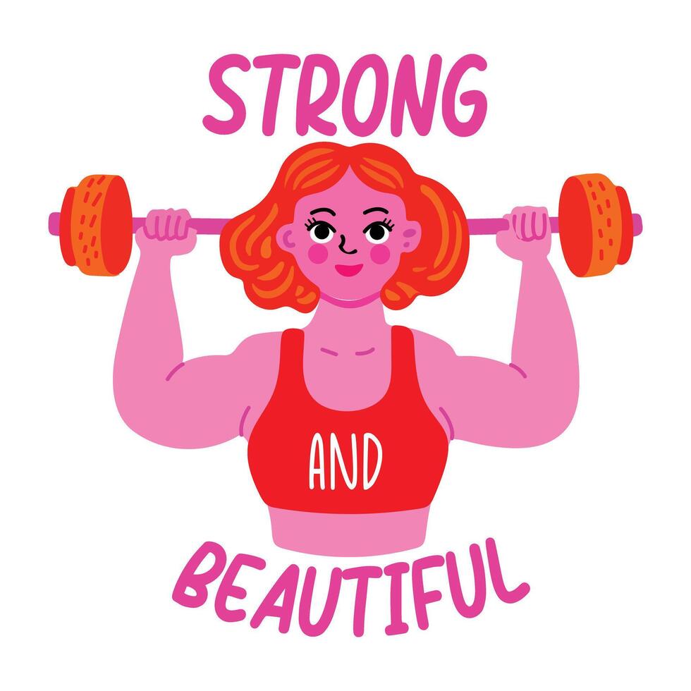 Flat sticker of strong girl lifting gym weights vector