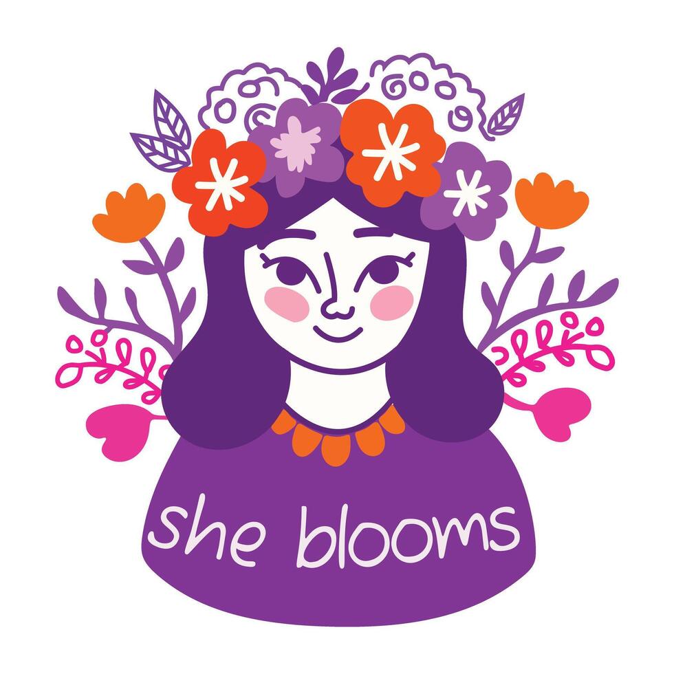 Flower on head with she blooms text, flat sticker vector