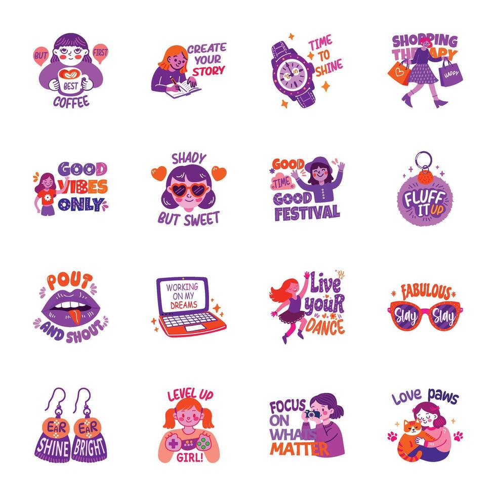 Bundle of Flat Style Girly Life Stickers vector