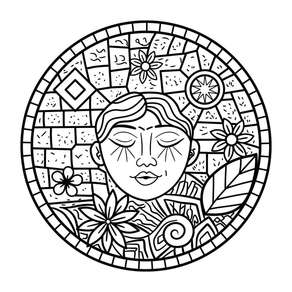 A black and white drawing of a woman's face with flowers and leaves vector