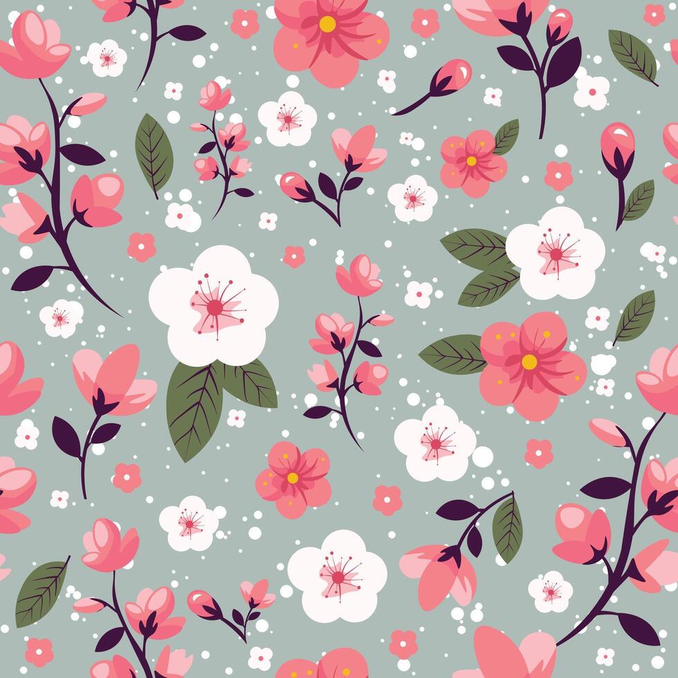 Seamless pattern with cherry blossoms and leaves. Repeat background with sakura flowers and branches. vector