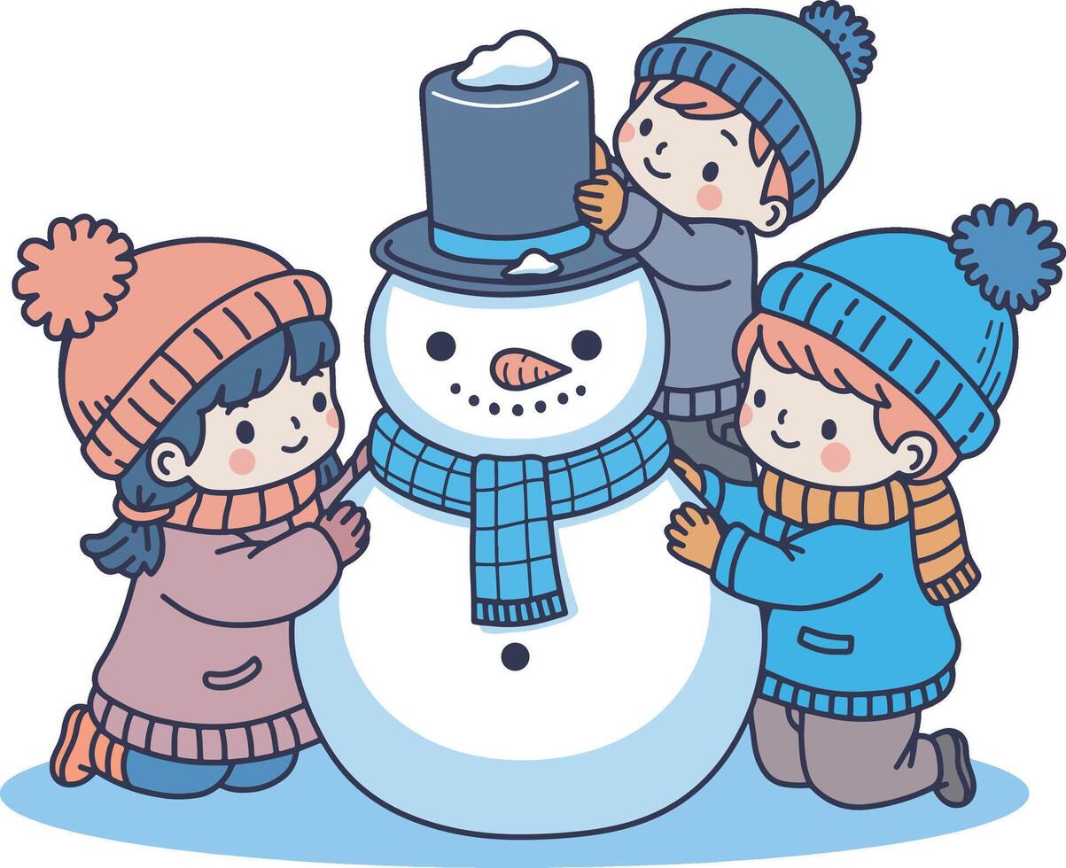 Three kids making snowman design art vector