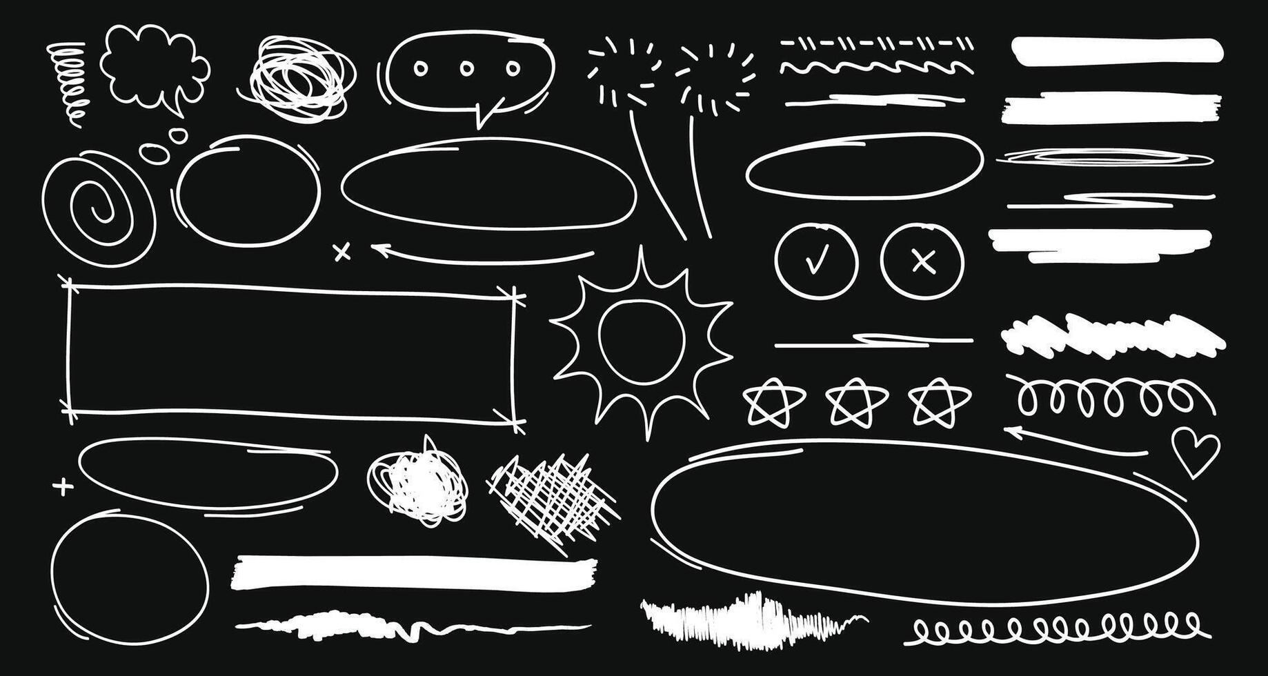 Hand drawn scribble element collection isolated on black background. illustration vector
