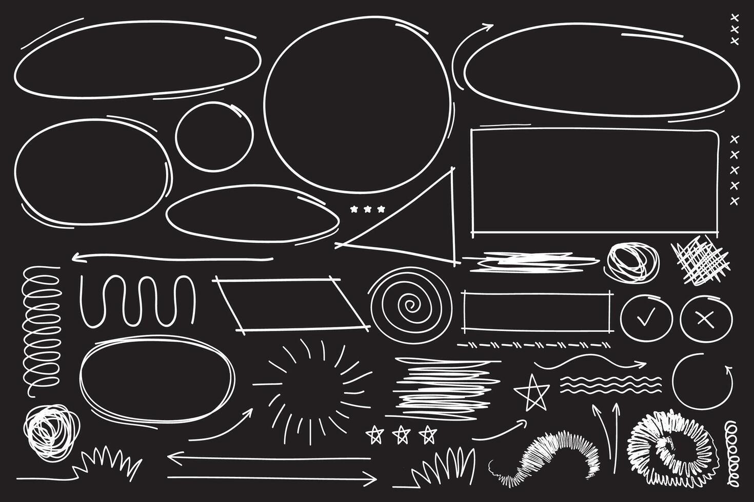 Scribble hand drawing elements collection isolated on black background. illustration vector