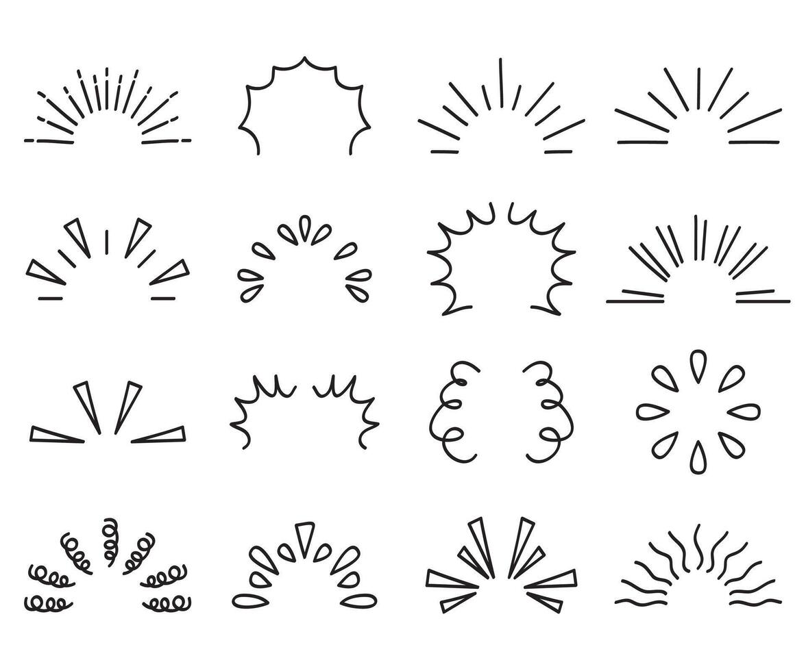Doodle hand-drawn line sparkles and rays. Lines confetti, sun burst, decorative effect surprise elements. Sketch comic celebrating splash and sign. set vector