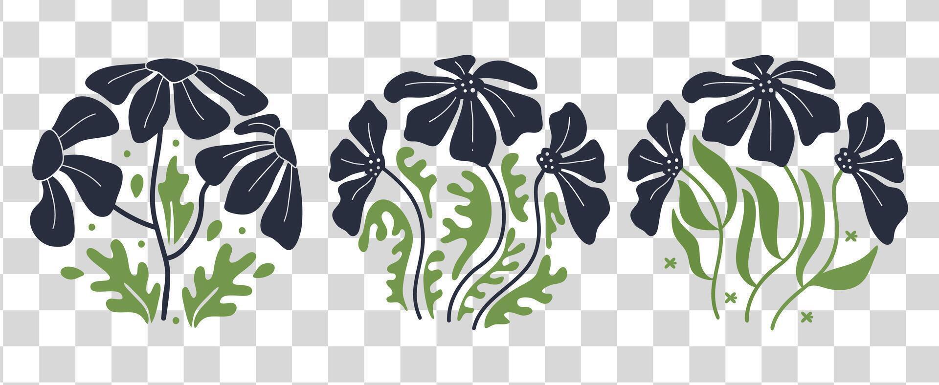 Groovy blue and green flower set.Hand drawn organic circle shapes in trendy naive retro hippie 60s 70s style. vector
