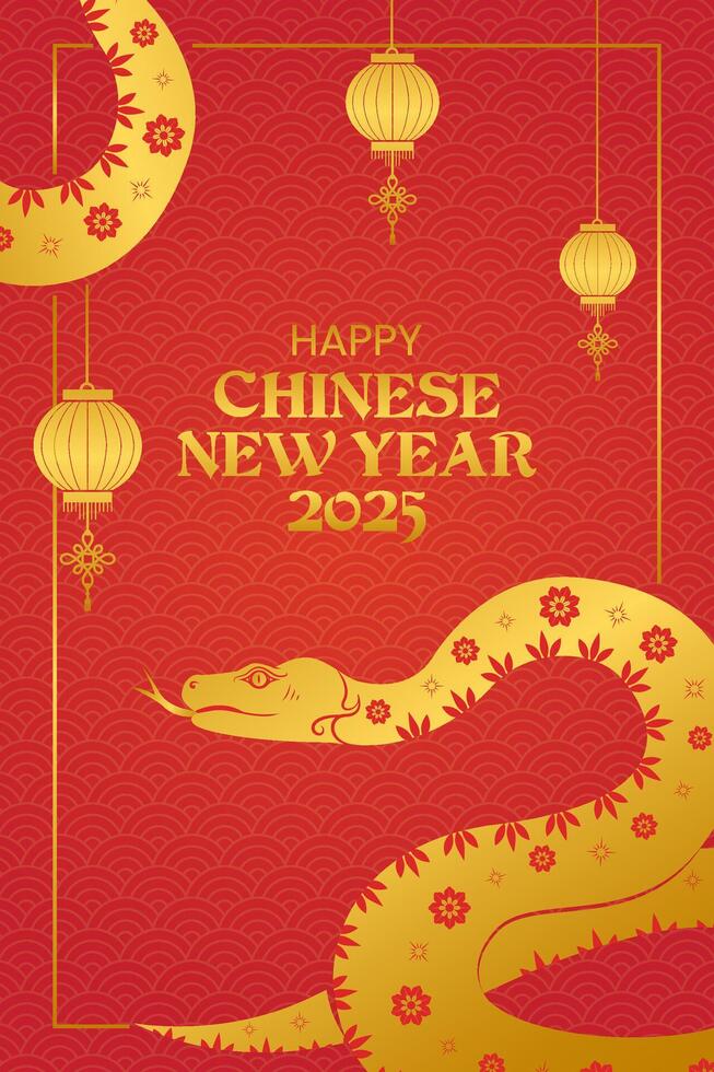 Chinese new year 2025 background year of the snake, Poster design. Chinese pattern with red and golden colors. Beautiful golden snake vector