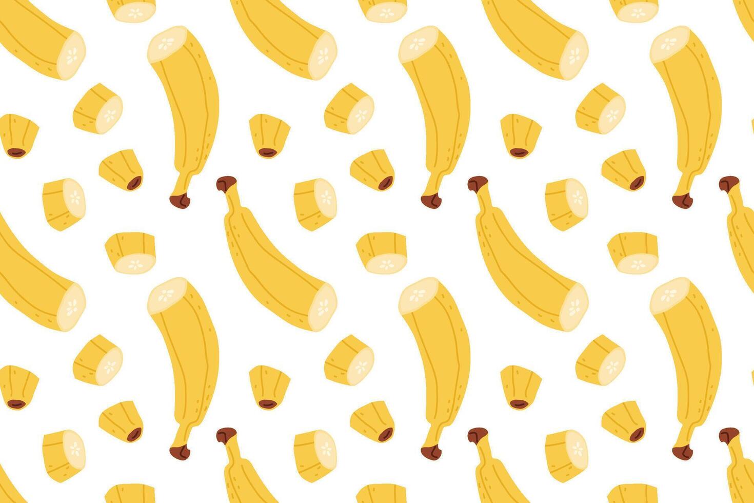 Colorful banana pattern on a white background featuring whole and peeled bananas vector