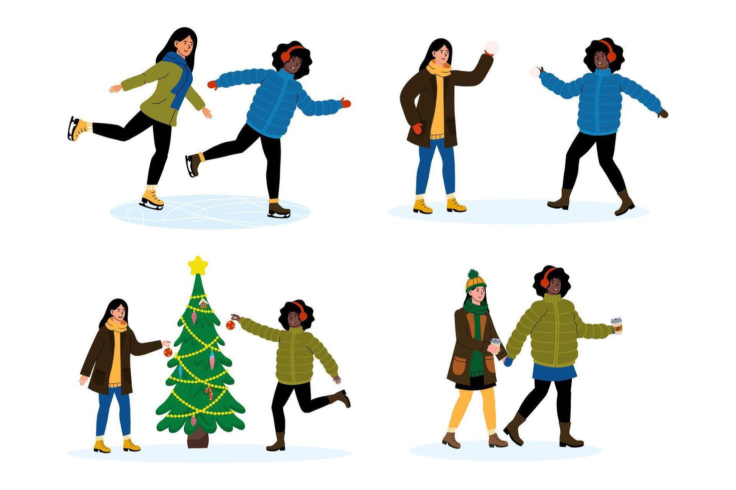 Women enjoying winter activities including ice skating and decorating a Christmas tree vector