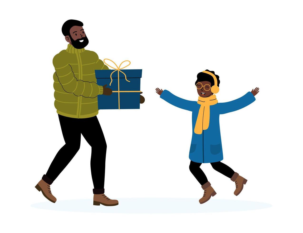 Father surprised by joyful child receiving a gift on a winter day in a cozy setting vector